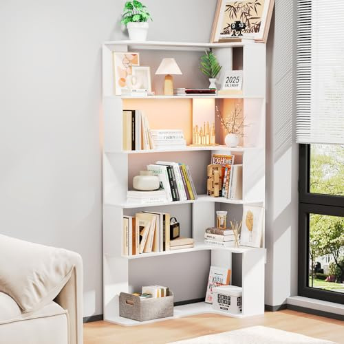 ChromaCasa Corner Bookcase, 5-Shelf Tall L-Shaped Corner Bookshelf with Open Storage Display for Living Rooms Bedrooms Offices,Modern White 90 x 48 x 169 cm