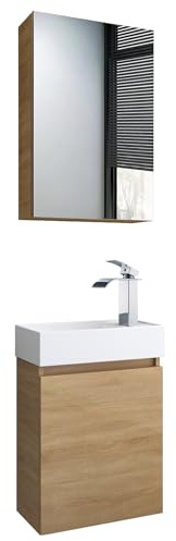 Faizee Home | Badmöbel Set Eiche – Waschtisch mit Unterschrank, Keramik-Waschbecken & Spiegelschrank | Inkl. Wasserfall-Armatur in Chrom | Modernes Badezimmermöbel mit stilvollem Design