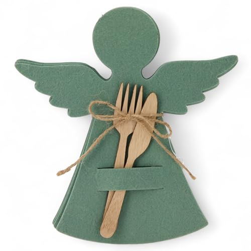 MIJOMA Besteckhalter Engel 4er Set aus Filz – Tischdeko Weihnachten – Platz für Besteck – 20x22 cm – Jute-Kordel – Dekorativer Besteckhalter für festliche Tafel (Grün)