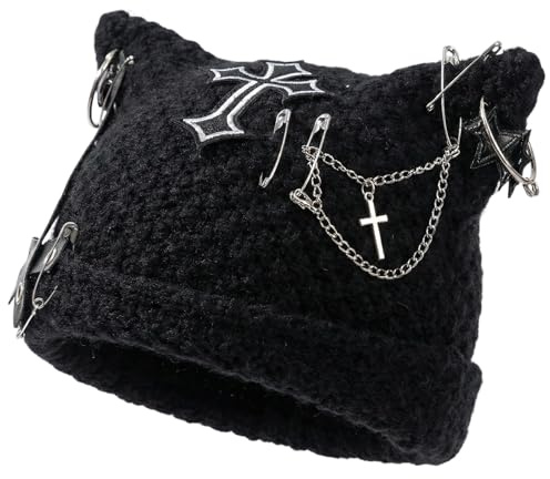 Goth Mütze Mit Ohren, Emo Grunge Clothes, Alternative Clothes, Schwarze Strickmütze Mit Kreuz Und Katzenohren, Cat Beanie for Women in Y2K Look