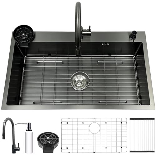 Lavello da cucina da 85x50 cm, in acciaio inox nero antracite, 1 vasca lavello da incasso, grande lavello, lavello da cucina con rubinetto, scolapiatti, lavabicchieri, dispenser di sapone, sifone e