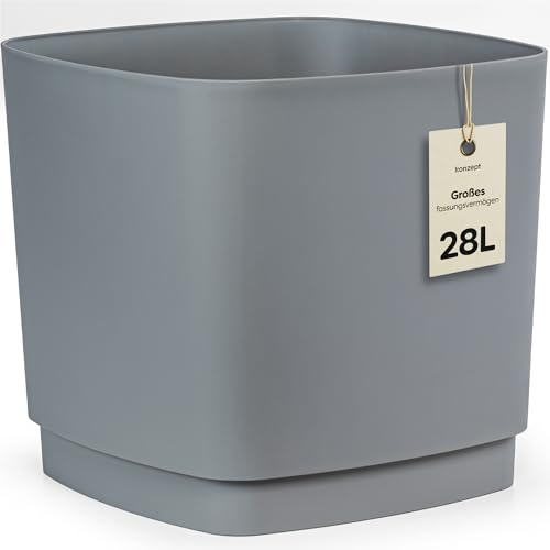 KONZEPT Blumentopf Gross Innen & Außen 34x34cm Graugrün Pflanzkübel rechteckig 28L Stabiler Übertopf für Zimmerpflanzen & Orchideen