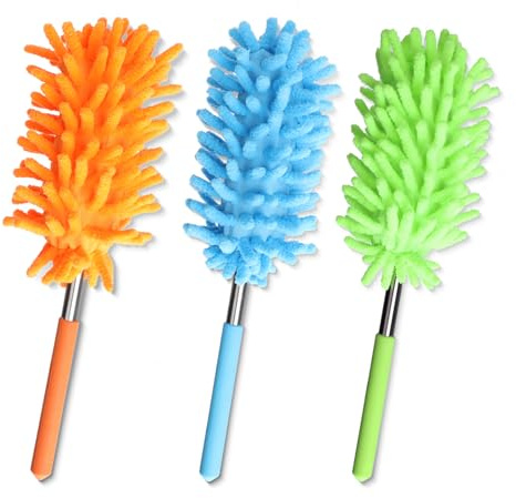 3 Pack Microfibre Extendable Duster Microfiber Duster for Cleaning Washable Dusting Brush with Telescoping Pole Feather Duster for Home Office Car Window Furniture Blue Green Orange