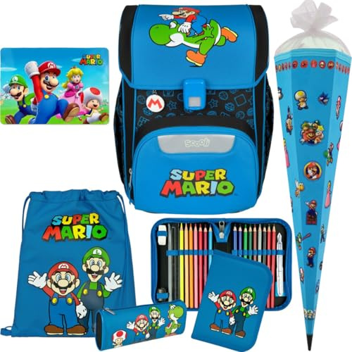 Pridera Scooli Schulranzen 1.Klasse Jungen EasyStart Schulranzen-Set geeignet für Super Mario-Fans (7tlg. mit passendem Platzdeckchen Schultüte)