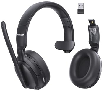 TECKNET 5.4 Bluetooth Headphones Over Ear, Stereo/Mono 2-in-1 Wireless Headphones, 65H Playtime & Mute, Wireless Headset with ENC Noise Cancelling Microphone for Home Trucker Office Call Center, Black
