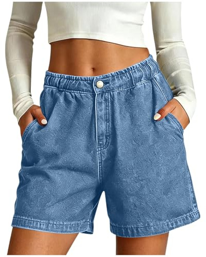 Pantalones Cortos Elástico Mujer Vaqueros Pierna Ancha con Cintura Alta Verano Casual Vaqueros Estilo Casuala Pantalones Cortos Elegantes con Bolsillos Jeans