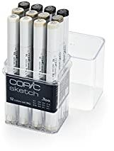 COPIC Sketch Set « 12 Colors WG », Set de 12 pièces dans un présentoir en acrylique, Twin Marker avec une pointe moyenne et une pointe Brush