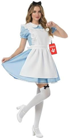 Fun Shack Alice In Wonderland Costume Adult, Halloween Costume Women | Blue Dress with White Apron, Bow-Detail Socks and Black Headband with Bow Included, Perfect for Halloween, Womens Fancy Dress