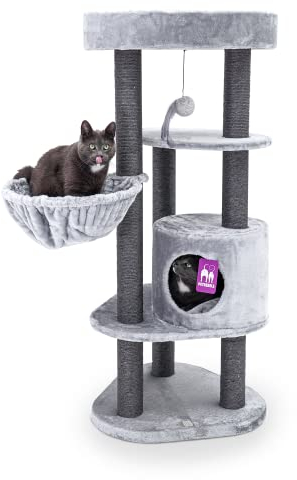 Petrebels Kratzbaum Charlotte 134 cm hoch, Premium Qualität Katzenbaum mit Hängematte, Liegefläche und Höhle, Farbe Grau