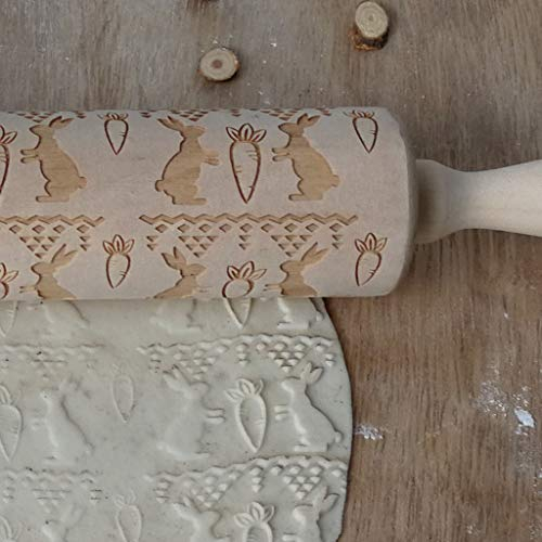 FeiliandaJJ 35CM Teigroller Ostern Ei/Kaninchen Rettich Prägerolle Nudelholz Teigroller Holz (Beige(Kaninchen Rettich))