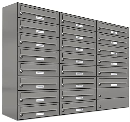 AL Briefkastensysteme 22er Briefkastenanlage Aluminiumgrau RAL 9007, Premium Briefkasten DIN A4, 22 Fach Postkasten modern Aufputz