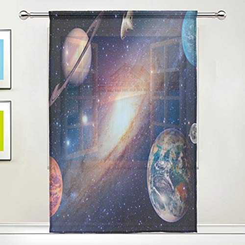 BIGJOKE Fenster-Vorhang Universum Galaxie Weltraum Planet Vorhang Küche Wohnzimmer Dekor Schlafzimmer Büro Voile Vorhang 1 Stück