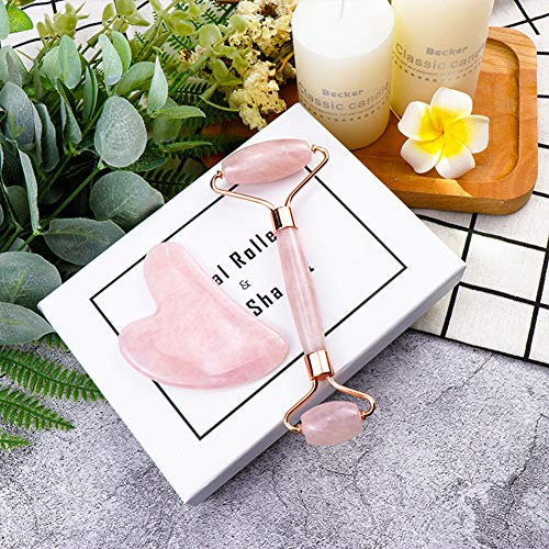 Rouleau de Jade à Quartz Rose, Massager Jade Roller Facial Augmenter Circulation Sanguine, Outils de Beauté du Visage Pierre de pour visage yeux cou anti-âge raffermissant (Jade Roller + Gua Sha)