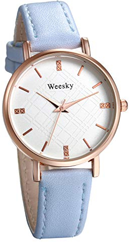 JewelryWe Damenuhr Klassische Analog Quarz Armbanduhr Kariert Prägung Zifferblatt Lederarmband Business Beiläufige Uhr für Frauen Mädchen Blau