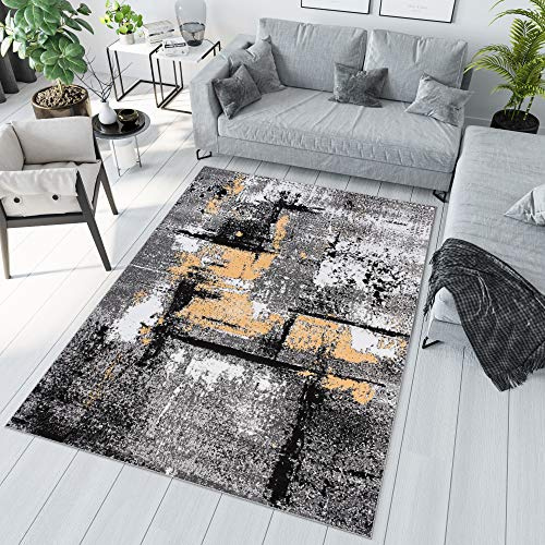TAPISO Maya Teppich Kurzflor Grau Creme Schwarz Gelb Meliert 140 x 200 cm | Modern Streifen Splash Design Wohnzimmer Schlafzimmer oeko-tex