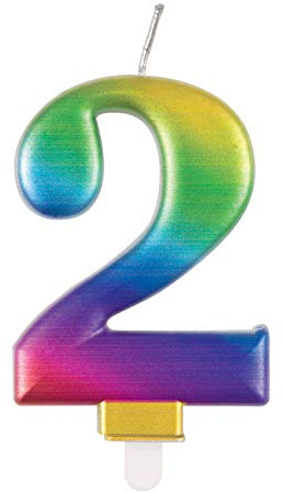 Unique Party Supplies 19632 Metallische Geburtstagskerze - Zahl 2 - Regenbogen, 7 centimeters