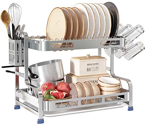 romision 2 Tier Dish Drying Rack, 304 Stainless Steel Large Capacity Dish Drainer Rack with Drip Tray, Sink Drainer Rack Utensil Holder, Cup Holder, Dish Rack for Kitchen Counter, Silver