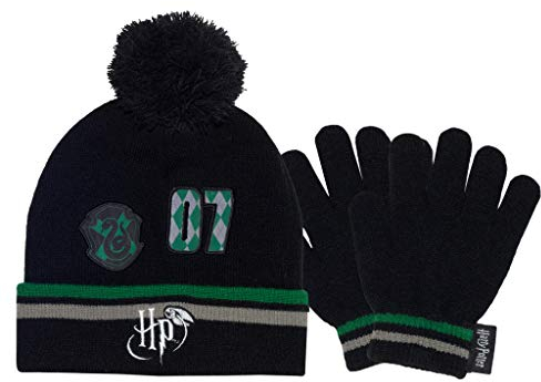 Harry Potter Slytherin 07 Mütze und Handschuhe Set, Kinder, One Size, Schwarz, Offizielle Handelsware