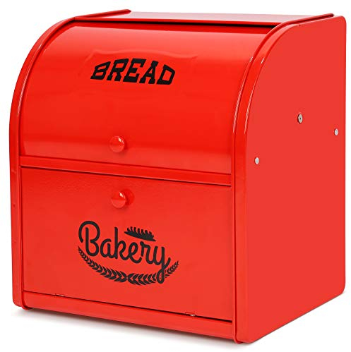 Widousy 2 Layer Metal Bread Boxes, Bread Box Storage Bin Kitchen Container with Roll Top Lid Iron Countertop Containers Metal Food Storage Bread Keeper Large Capacity Home Kitchen Counter（Red）