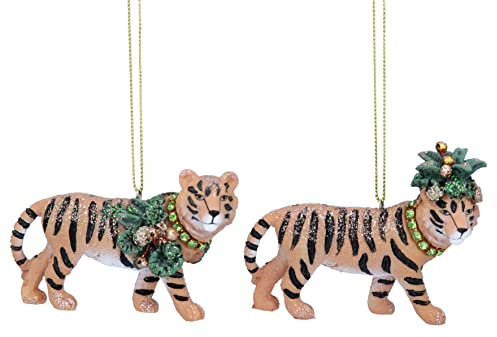 Gisela Graham Dekofigur Tiger mit Blättern, Kunstharz, 2 Stück