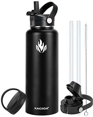 XACIOA Water Bottle Vacuum Insulated 32oz 40oz with Straw Lid,Stainless Steel Drink Flask with Flip Top Bottle Lid,Metal Wide Mouth Double Walled Leak Proof Keeps Hot Cold (Black, 40oz)