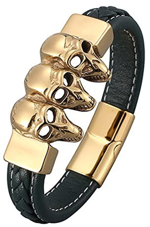 Aotiwe Armband Jungs Edelstahl, Witzige Geschenke für Männer 3 Totenkopf Lederarmreifen Gold Grün 18.5cm