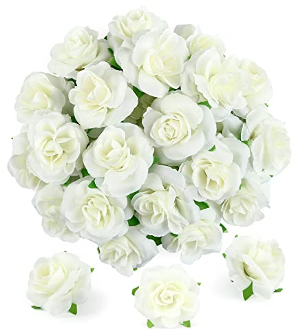 Kesote 50Pcs Creamy White Artificial Flower Rose Heads Creamy White Real Touch Fake Flower Rose Heads for Cake Toppers Wedding Party Album Decoration - 4cm in Diameter