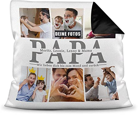 Foto-Kissen selbst gestalten - Papa wir lieben Dich - Collage mit 6 Fotos & Namen - Geschenk für den besten Papa von Kindern - inkl. Füllung, Farbkissen Rückseite Schwarz, 40x40 cm