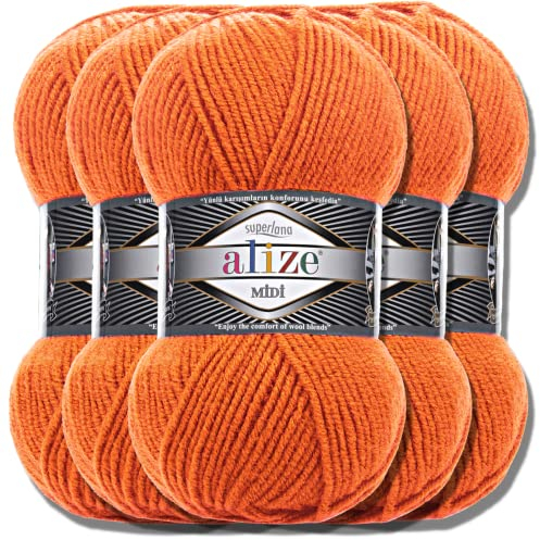 Alize 5 x 100g Superlana Midi Türkische Premium Wolle Baumwolle und Acryl Uni Handstrickgarne | Yarn | Garn | Strickgarn Einfarbig Baby zum Häkeln Stricken Kleidung Schals (Orange | 225)