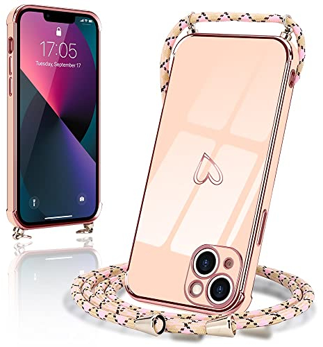 Micoden Coque pour iPhone 13 avec Collier Réglable Coque iPhone 13 Silicone avec Motif Coeur d'amour Mignon Etui Housse Antichoc avec Cordon Tour de Cou Lanière en Corde pour iPhone 13 (Rose)
