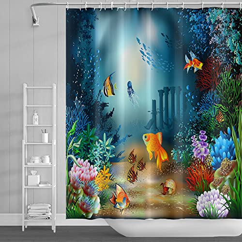 SDOTPMT 105x160cm Carina Tropicale Pesce Tenda da doccia Verde Alga marina Colorato Corallo Tenda da bagno Maine Creatura Subacqueo Scenario Tenda da vasca per Bagno Poliestere con ganci
