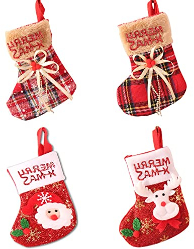 Weihnachtsdekoration Strümpfe, 4 Stück Nikolaussocke zum Aufhängen, Nikolausstrumpf Kamin, Nikolausstiefel Befüllen, Elch Weihnachtsmann Schleife für Weihnachtsbaum Deco Weihnachsstrumpf Geschenktüte
