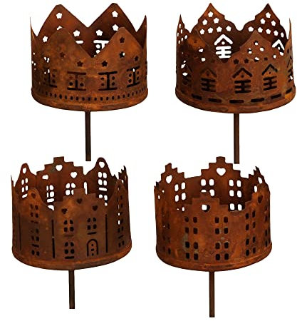 Teelichthalter Vintage - Teelichtstecker 4er Set Häuserform in rost zum Stecken 10,5cm