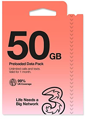 Three Mobile PAYG Voice SIM Pack – 50 GB