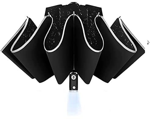 ASIDE Faltbarer Regenschirm, Umgekehrter Faltschirm mit LED-Licht, Winddichter Invertierter Regenschirm mit Reflektierendem Streifen, Reisekompakter Regenschirm für Damen Herren [210T 105 x 62cm]