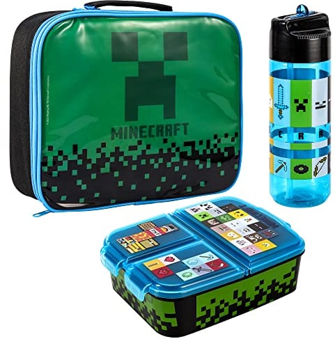 Zawadi Global Minecraft Kids Childrens Lunch Box Set – Insulated Lunch Bag, Multicompartment Lunch Box & 540ml Water Bottle - School Travel Lunch Food Set, BPA Free