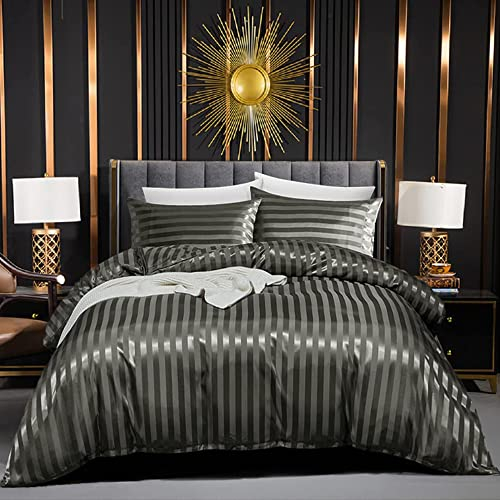 Luofanfei Bettwäsche 155x220 Glänzend Satin Glanzsatin Graue Bettwäsche Set Sommer Seide Einfarbig Grau Glatt Luxus Gestreifte Seidenbettwäsche 220x155 mit Reissverschluss und Kissenbezüge 80x80 cm