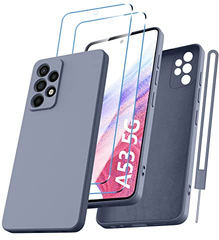 Kukiwhy für Samsung Galaxy A53 5G Hülle mit 2×Schutzfolie, für Samsung A53 Silikon Case mit Kameraschutz Ultra Dünn Microfiber Rundumschutz Anti-Kratzer Handyhülle für Samsung A53 -Blau Grau