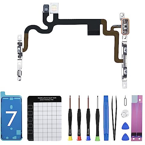for iPhone 7 On Off Power Volume Button Silent Switch Flash Light Audio Control Replacement Mute Connector Flex Cable Mic Metal Bracket with Complete Fix Tools Kit Screwdrivers for A1660 A1778 A1779