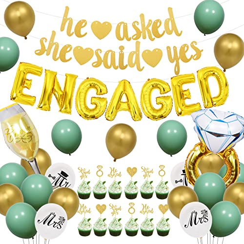 Funmemoir Engagement Decorations Sage Green He Asked She Said Yes Banner Diamond Ring Heart Shaped Cupcake Toppers Mr Mrs Balloons Green Gold Balloons for Engagement Party Wedding Bridal Shower Decor