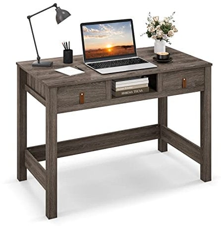 COSTWAY Computer Desk, Wooden Study Writing Workstation with Open Cubby, 2 Drawer and Anti-Tipping Kits, PC Laptop Table Gaming Working Desk for Home Office, 110 x 59 x 77cm, Oak