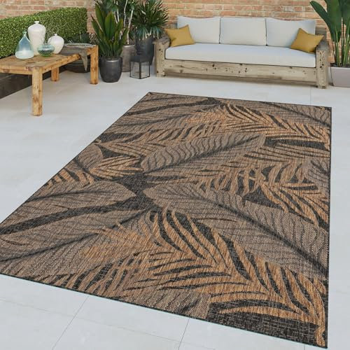 TT Home In-& Outdoor Teppich Wetterfest Balkon Flachgewebe Palmen Motiv Blätter Floral, Farbe:Beige Anthrazit, Größe:240x340 cm