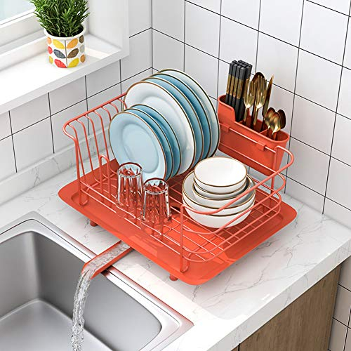 Escurridor De Platos,Escurridor De Platos para Fregadero con Bandeja De Cubiertos De Plástico Extraíble,Escurridor De Platos Multifunción con Portavasos Rojo