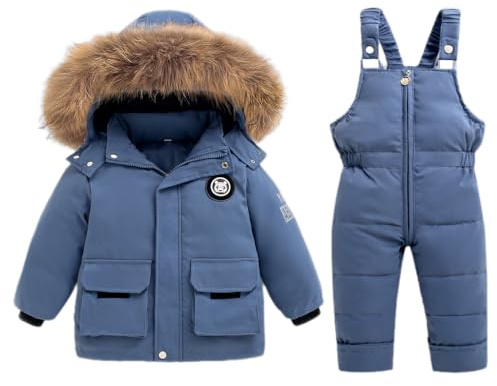 Enfant Combinaison de Ski Hiver Bébé 2 Pièces Doudoune Manteau avec Neige Bavoir Pantalon Garçons Filles Combinaisons de Neige Vêtements Bleu 18-24 Mois