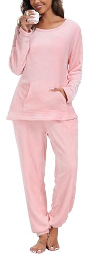 Lovasy Pyjama en Polaire Femme Manches Longues Ensemble de Pyjama Hiver Col Rond avec Poche Devant Vêtements de Nuit Long Chaud et Moelleux B Rose XL