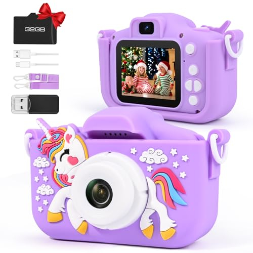 Macchina Fotografica Bambini, 2.0 Pollici Schermo Mini Fotocamera Bambina, Videocamera Regalo per Ragazze Ragazzi 3-12 Anni, con Scheda 32 GB, Regali Giocattolo di Natale & Compleanno (purple)
