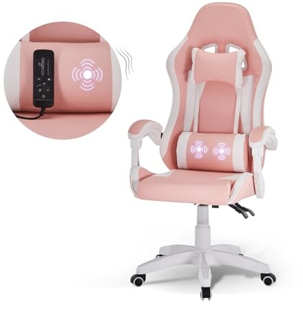 LEMROE Gaming Chair with Massage Lumbar Pillow PU Leather Ergonomic Professional Video Game Racing Chair with Reclining High Back and Headrest Swivel Chair for Home Office (Pink with massager)