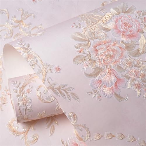 GIBZ Papier Peint Adhesif 3D Vintage Floral Décoration Murale Autocollante Rustique Coloré pour Chambre Mural Meuble Armoire Rose 0.53x5m