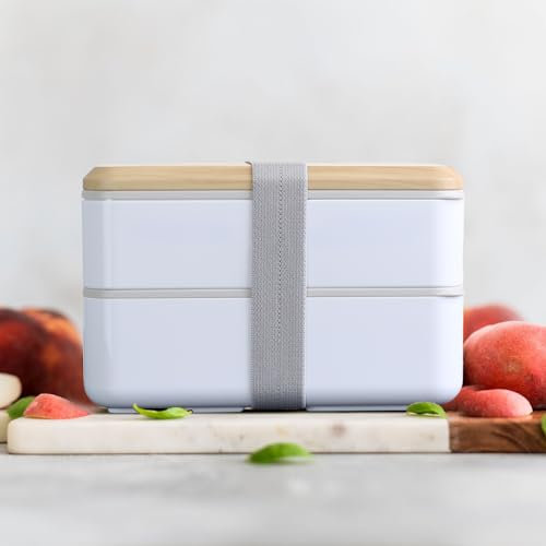 Bakpoco Bento-Box für Erwachsene, 1400 ml, mit stapelbaren Fächern und Utensilien-Set, niedliche japanische Lunchbox, auslaufsicher, mikrowellen-/spülmaschinenfest, 1,3 l (weiß)