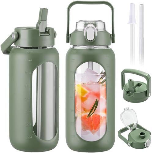 BLUEGO 2000ml Glass Water Bottles with 2 Lids Flip Lid and Spout Lid Half Gallon Water Bottle with Straw 2L Large Water Bottle with Time and Capacity Markers for Gym Home Office Leak-proof, Oliver